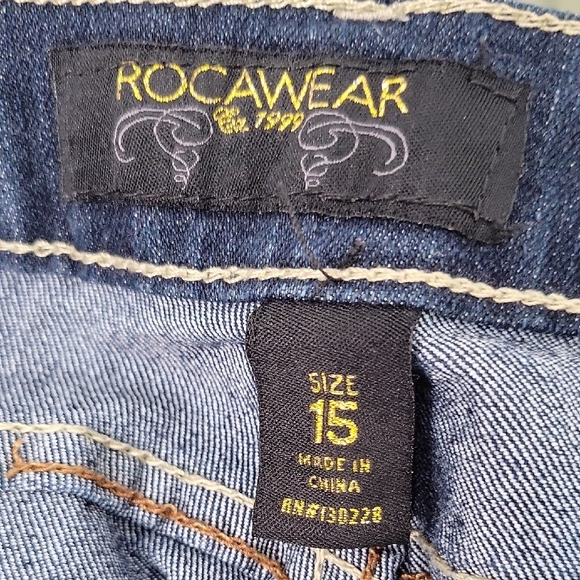 Rocawear Vintage Women's Dark Denim Shorts with Red Detailing Size 15 - Picture 9 of 11